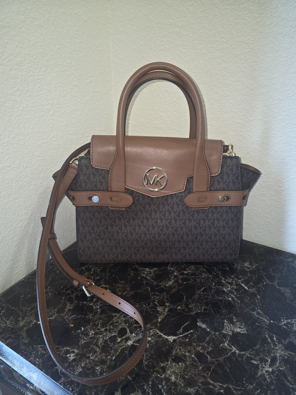 Michael Kors Brown MK Logo Satchel with Tan Leather Trim